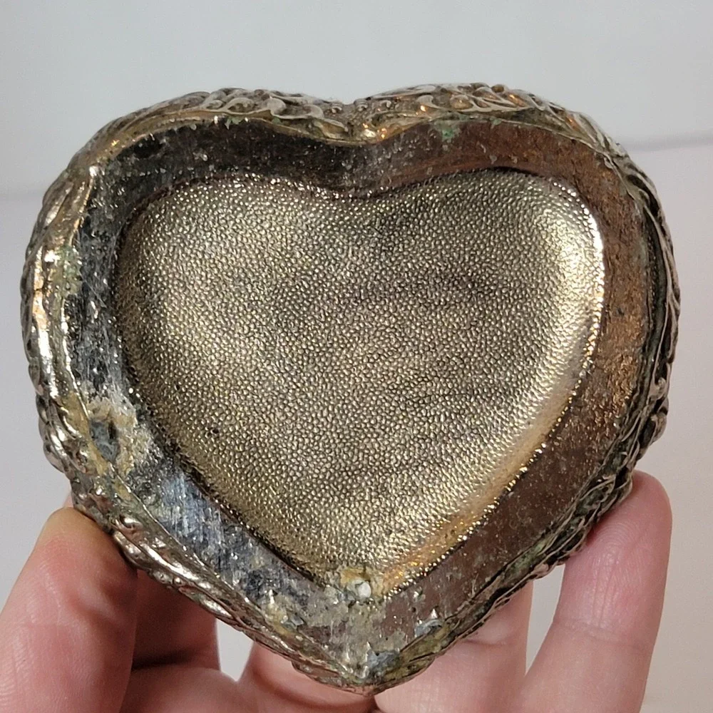 Vintage Heart Trinket Box, Silver Plate Blue Velvet Interior- Lots Of Patina